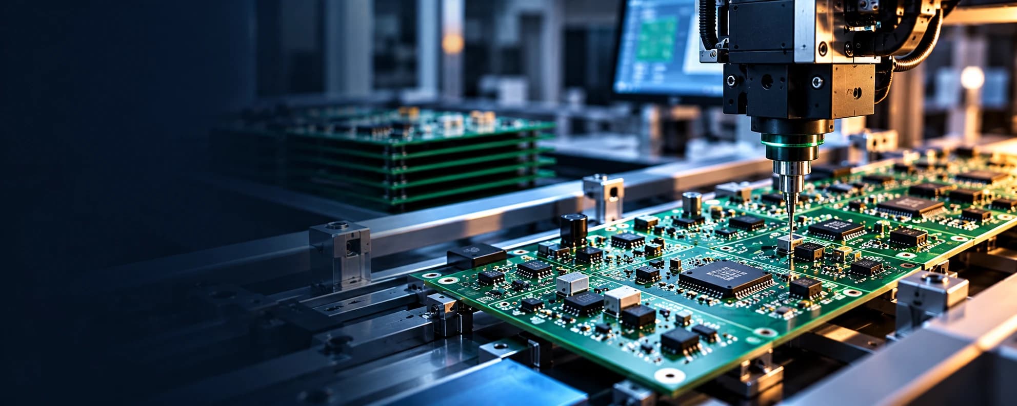 A populated circuit board on an assembly line under a pick-and-place head, with panels stacked behind it